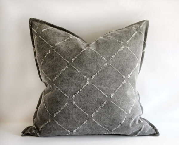 Gray Stone Washed Linen Pillows with Diamond Frayed Details