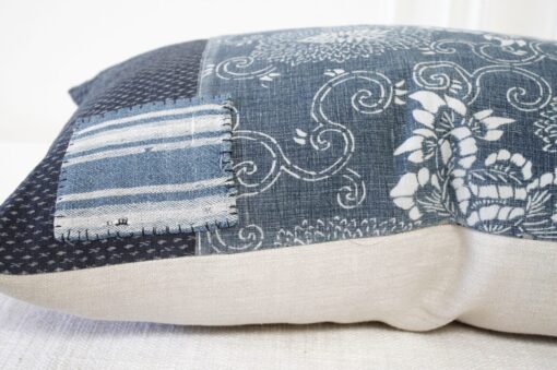 Antique Japanese Boro Patchwork Indigo Lumbar Pillow Blue and White