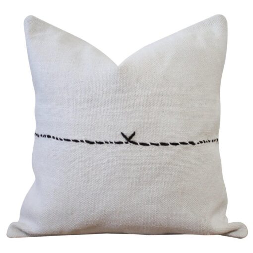 Vintage Turkish Hemp Rug Pillow in Off-White with Stitched Pattern