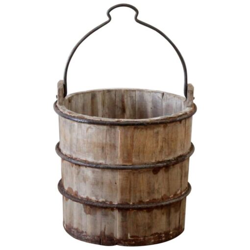 Vintage Weathered Wood Bucket with Metal Handle