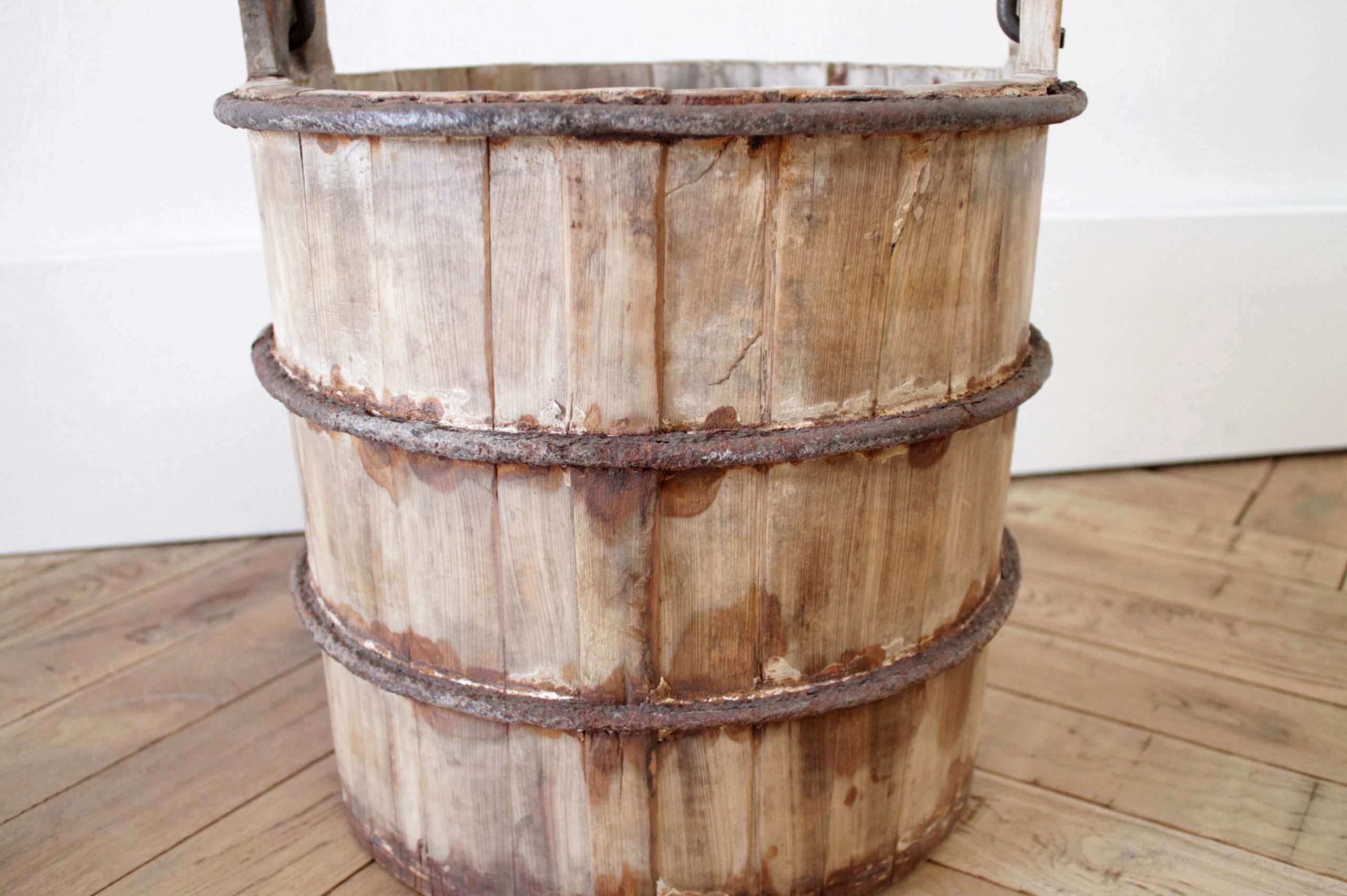 Vintage Weathered Wood Bucket with Metal Handle