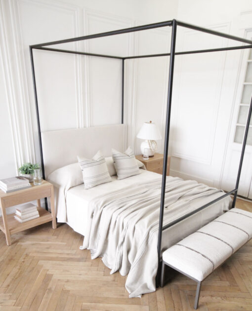 Custom Made Iron Canopy Bed with Organic Belgian Linen Headboard