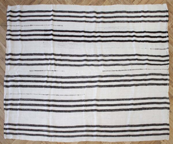 Vintage Flat Weave Turkish Hemp Rug in Creamy White and Brown Stripes
