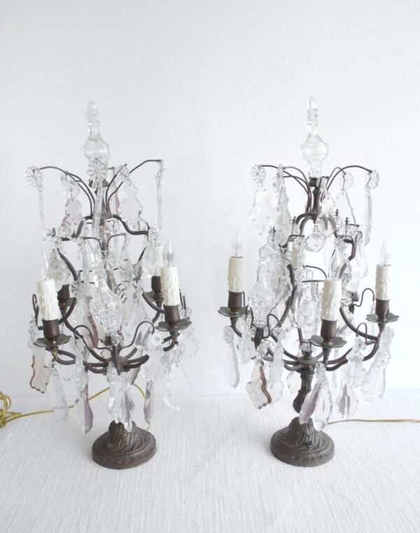 Lamp - Pair of Bronze Girandoles with Light Amethyst Crystals