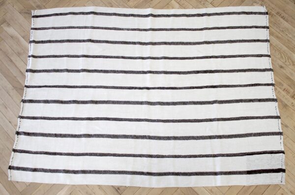 Vintage Turkish Flat-Weave Hemp Rug Off-White with Dark Brown Stripes