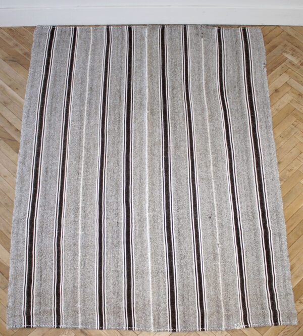 Vintage Turkish Flat-Weave Wool Rug in Brown and Creamy White Stripes