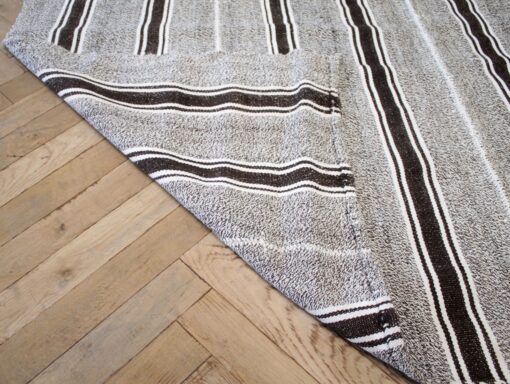 Vintage Turkish Flat-Weave Wool Rug in Brown and Creamy White Stripes