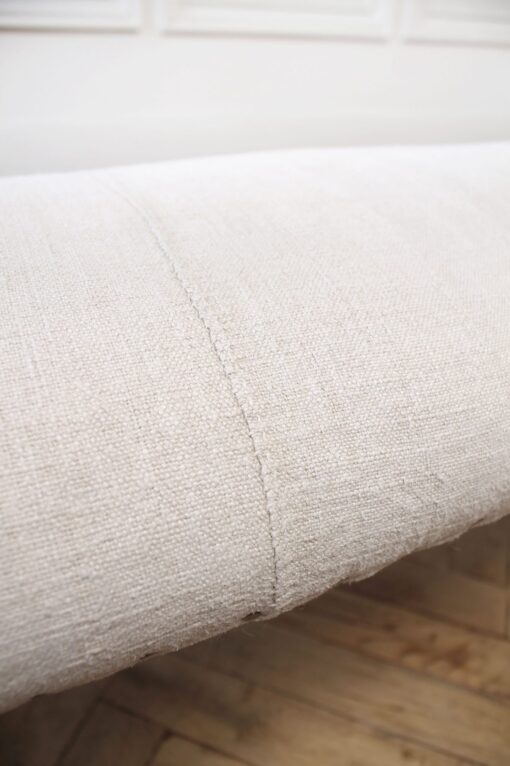 Elmwood Bench Upholstered in Antique White Homespun Linen and Antique Tack Trim
