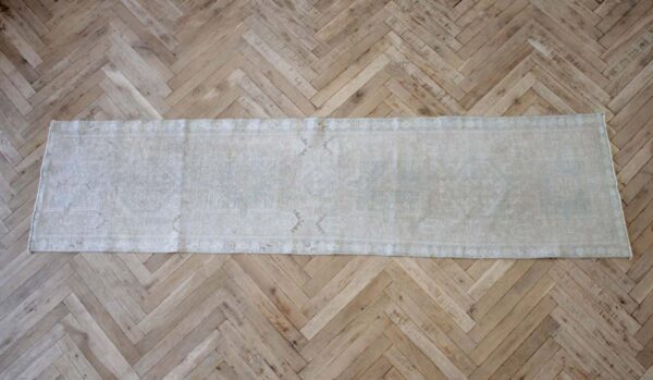 Vintage Wool Turkish Runner Rug in Blues and Natural