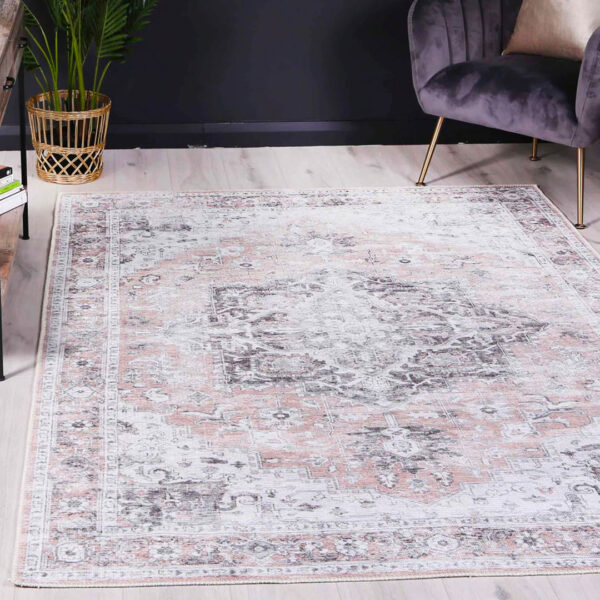 Distressed Vintage Cezanne Blush Area Rug Washable