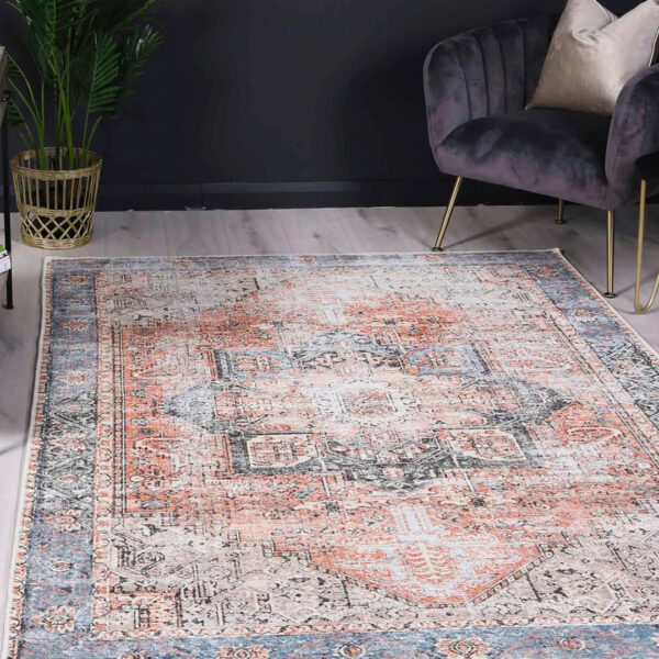 Distressed Vintage Cezanne Terracotta Sky Area Rug Washable