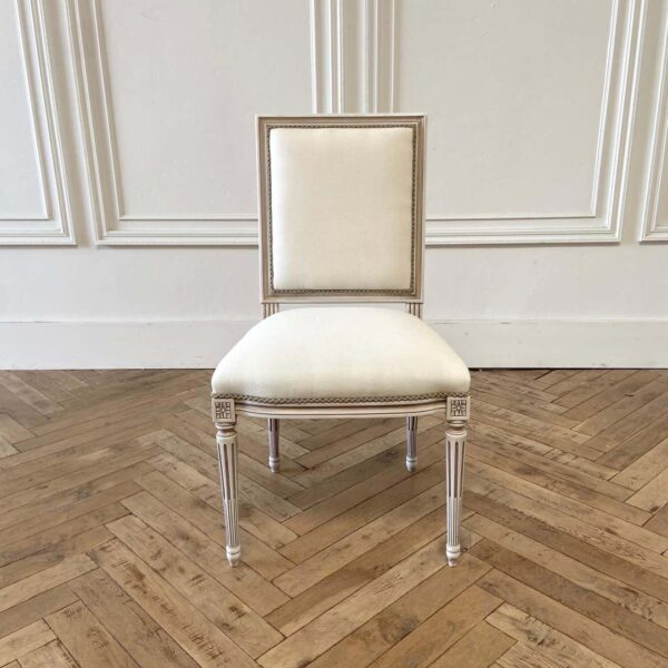 Custom Louis XVI Style Dining Chair in White Linen Blend Upholstery