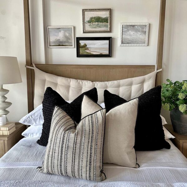 Linen Pillow Natural Linen with Black Embroidered Stripe