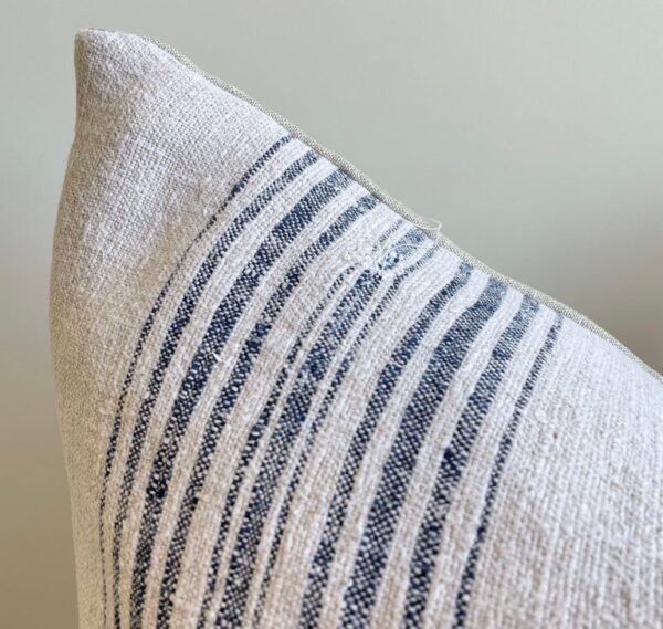 Vintage German Grainsack Pillow with Indigo Stripes