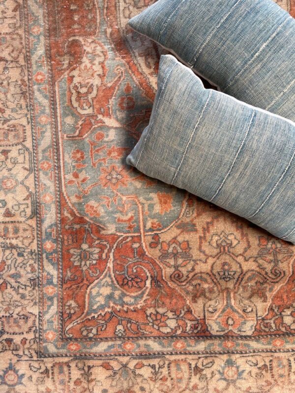 Vintage Wool Turkish Rug in Blue and Rust Tones