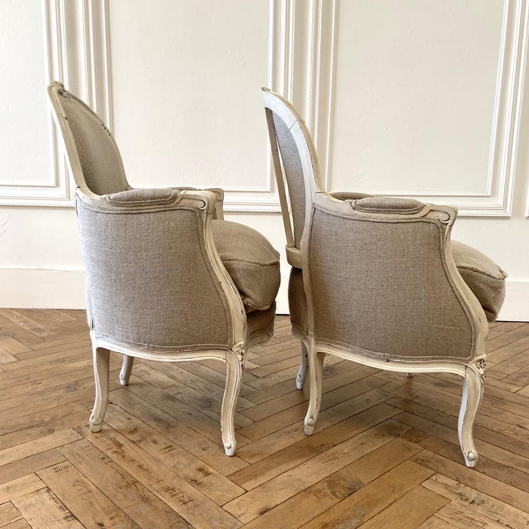 Pair of 19th Century Painted Louis XV Style French Bergere Chairs in Linen