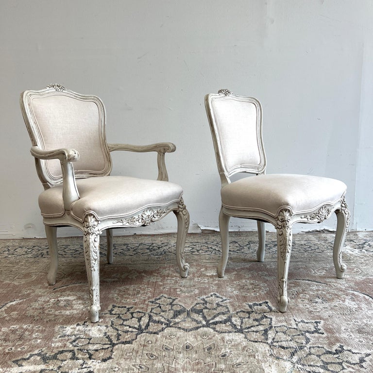 Set of 8 Antique French Louis XV Style Dining Chairs in Irish Oatmeal Linen  – bloomhomeinc