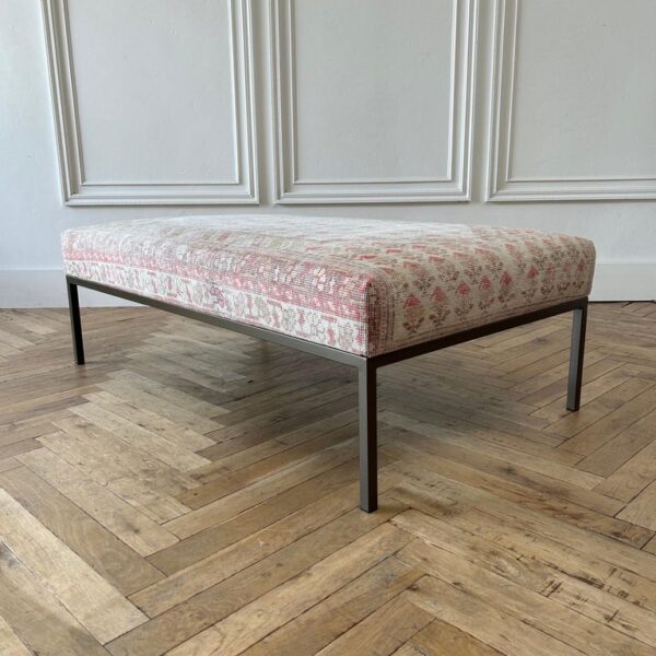 Custom Made Iron Base Upholstered Ottoman or Bench from Vintage Turkish Rug