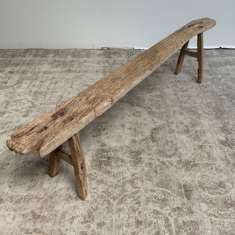 Extra Long Vintage Elm Wood Skinny Bench with Aged Patina - 79