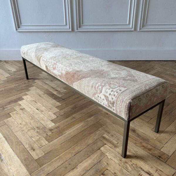 Custom Made Turkish Vintage Rug Cocktail Ottoman or Bench with Metal Base