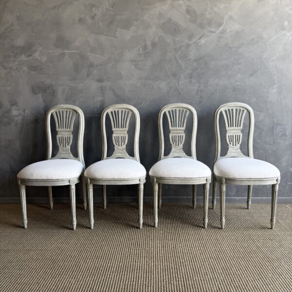 Set of 4 European Painted Dining Chairs with Linen Upholstery