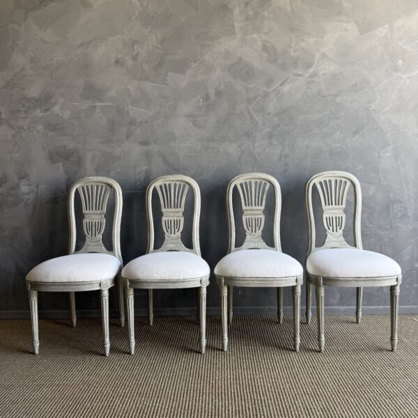 Set of 4 European Painted Dining Chairs with Linen Upholstery