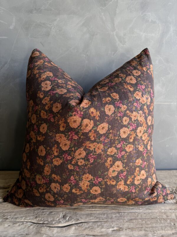 Brown Floral Linen Pillow with Brass Zipper