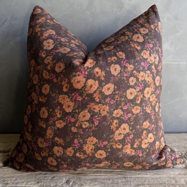 Brown Floral Linen Pillow with Brass Zipper
