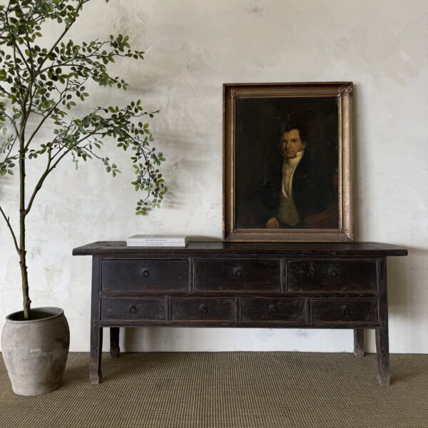 Vintage Elm Wood Console with Painted Finish 7 Drawers 74"