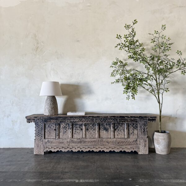 Vintage Carved Pine Cabinet - Weathered Black