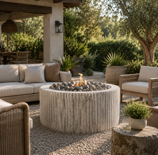 Custom Limestone Texture Fire Pit with Fluted Edges with Fire Pebbles