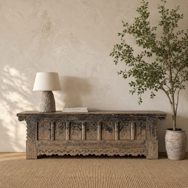 Vintage Carved Pine Cabinet - Weathered Black