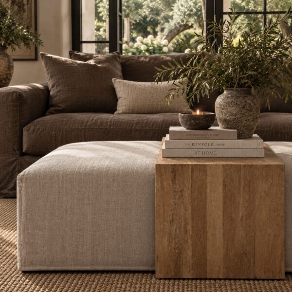 Co. Laguna Slip Cover Ottoman + Oak Table