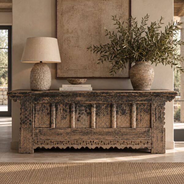 Vintage Carved Pine Cabinet - Weathered Black